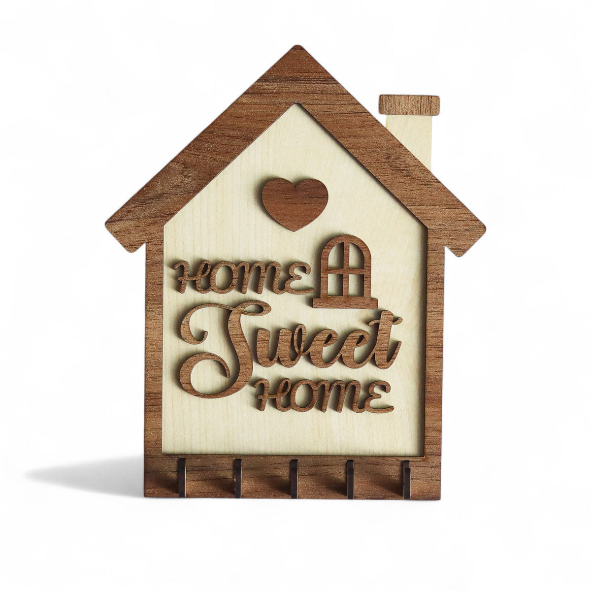 Ahşap Anahtar Askılığı – "Home Sweet Home" Tasarımlı Duvar Tipi Anahtarlık (20x17cm)