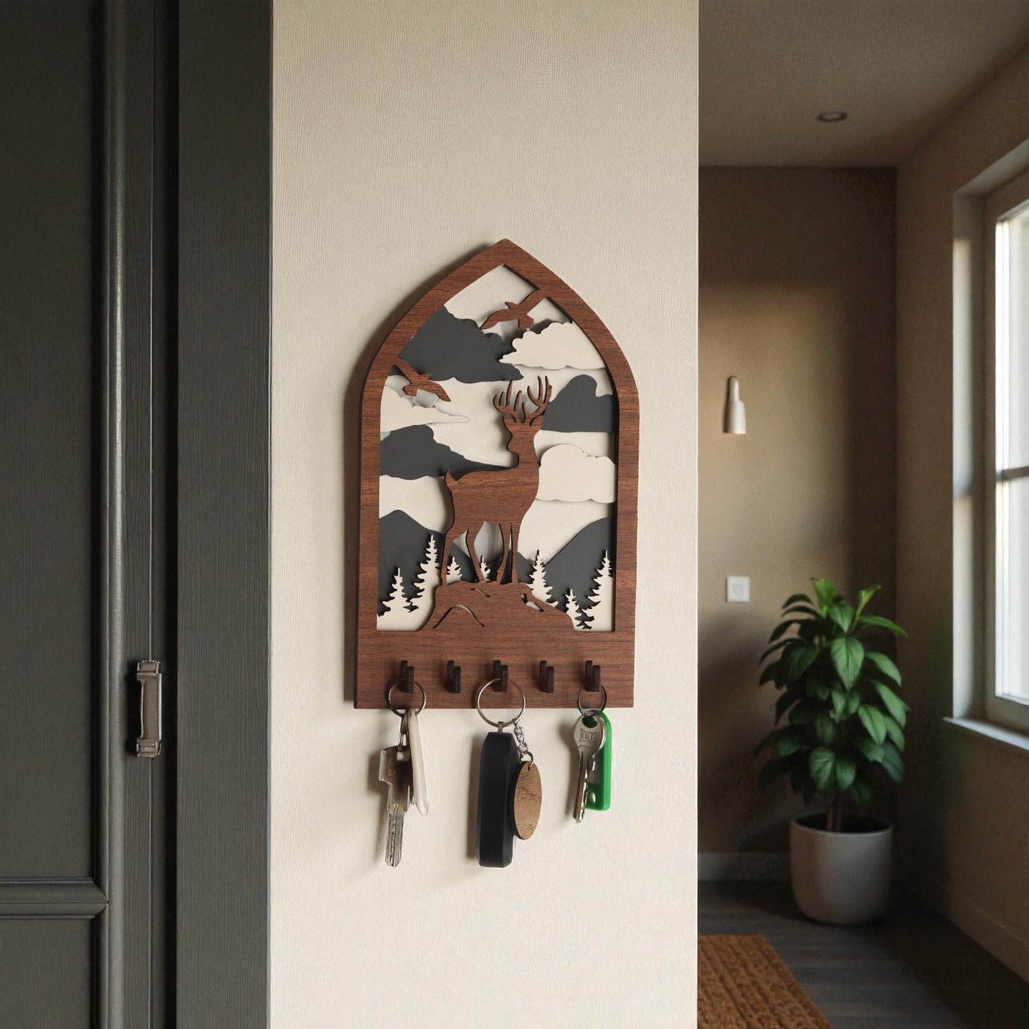 3D Ahşap Dağ ve Geyik Tasarımlı Anahtar Askılığı – 15x25 cm Dekoratif Duvar Anahtarlık Askısı