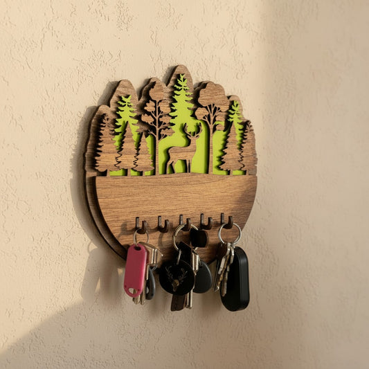 Ahşap Anahtarlık Askılığı Duvar Tipi | 20X20cm Orman ve Geyik Figürlü Dekoratif Anahtar Askısı | Çift Taraflı Bantlı, Delmeden Montajlı Anahtar Düzenleyici