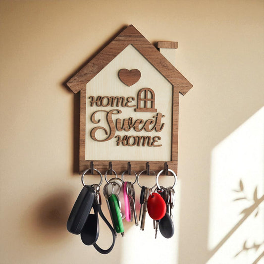 Ahşap Anahtar Askılığı – "Home Sweet Home" Tasarımlı Duvar Tipi Anahtarlık (20x17cm)