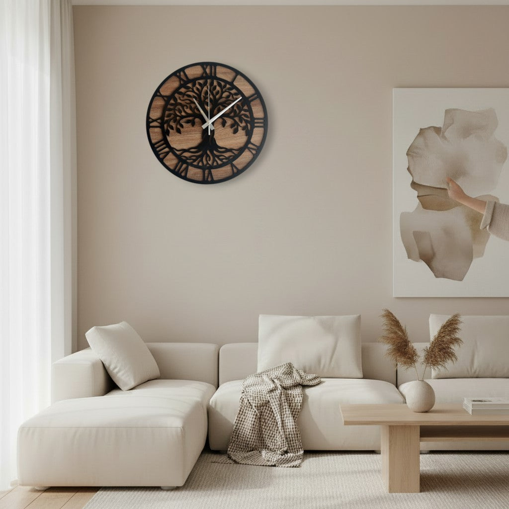 Ahşap Hayat Ağacı Duvar Saati 40x40 cm – Sessiz Akar Mekanizma El Yapımı Dekoratif Saat